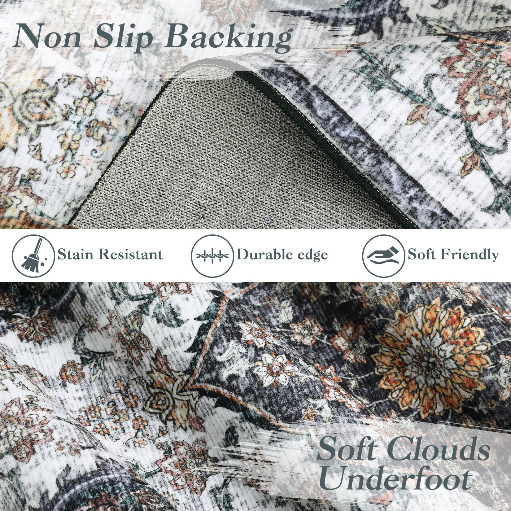 Garvee Vintage Washable Bedroom Rug - Soft Accent Rugs for Living Room, Non-Slip Non-Shedding Low-Pile Entryway Rug, Soft Print Pattern Indoor Rug