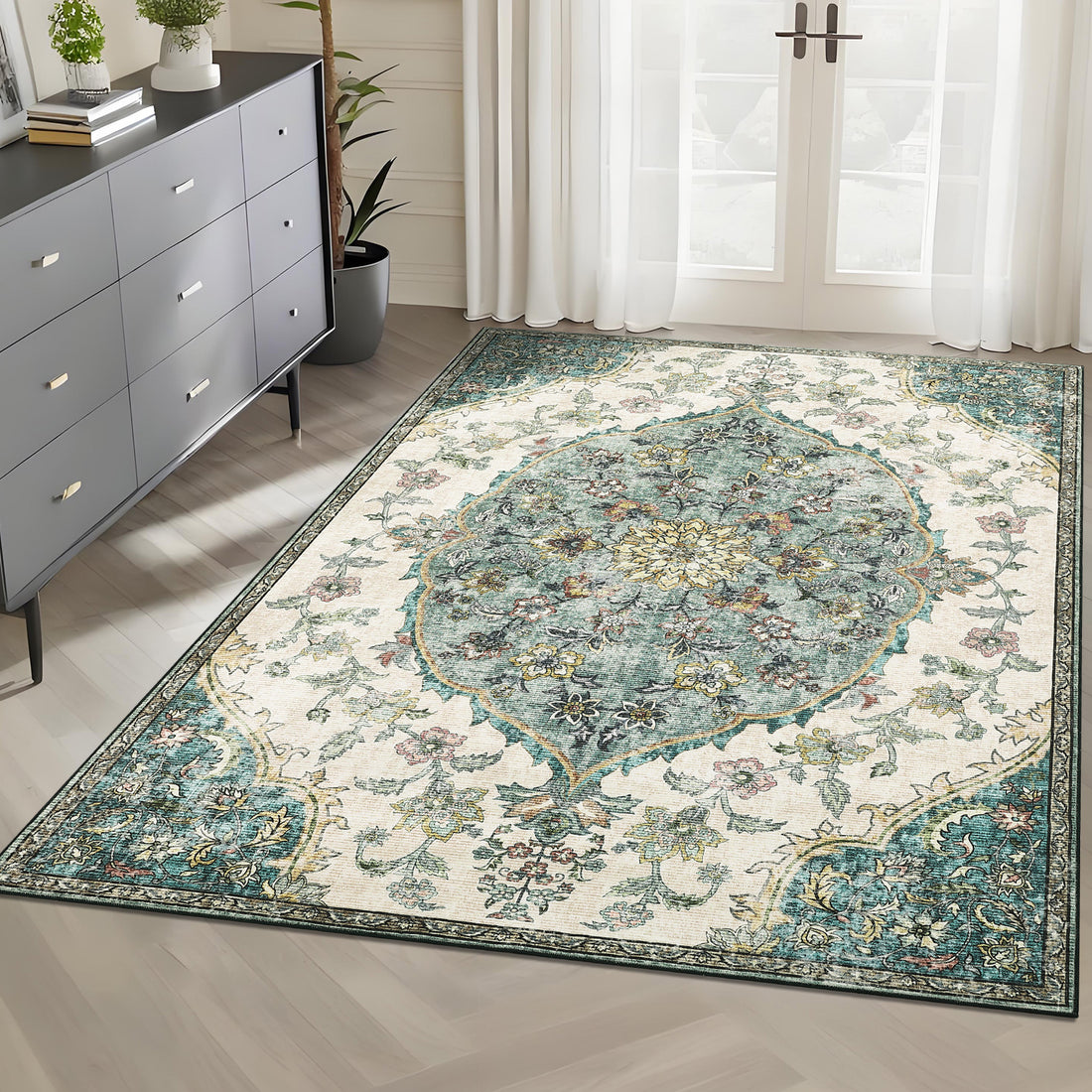 Garvee Vintage Washable Bedroom Rug - Soft Accent Rugs for Living Room, Non-Slip Non-Shedding Low-Pile Entryway Rug, Soft Print Pattern Indoor Rug
