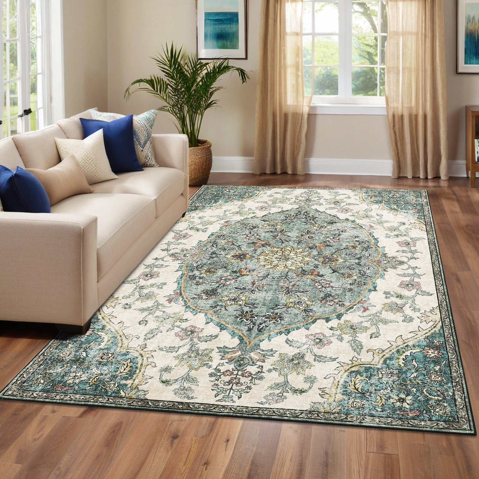 Garvee Vintage Washable Bedroom Rug - Soft Accent Rugs for Living Room, Non-Slip Non-Shedding Low-Pile Entryway Rug, Soft Print Pattern Indoor Rug