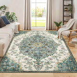 Garvee Vintage Washable Bedroom Rug - Soft Accent Rugs for Living Room, Non-Slip Non-Shedding Low-Pile Entryway Rug, Soft Print Pattern Indoor Rug - Green
