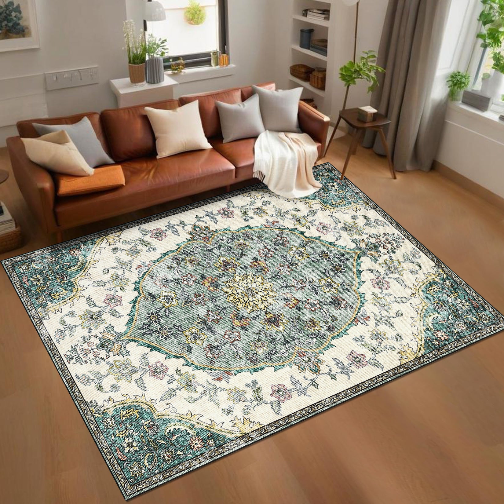 Garvee Vintage Washable Bedroom Rug - Soft Accent Rugs for Living Room, Non-Slip Non-Shedding Low-Pile Entryway Rug, Soft Print Pattern Indoor Rug