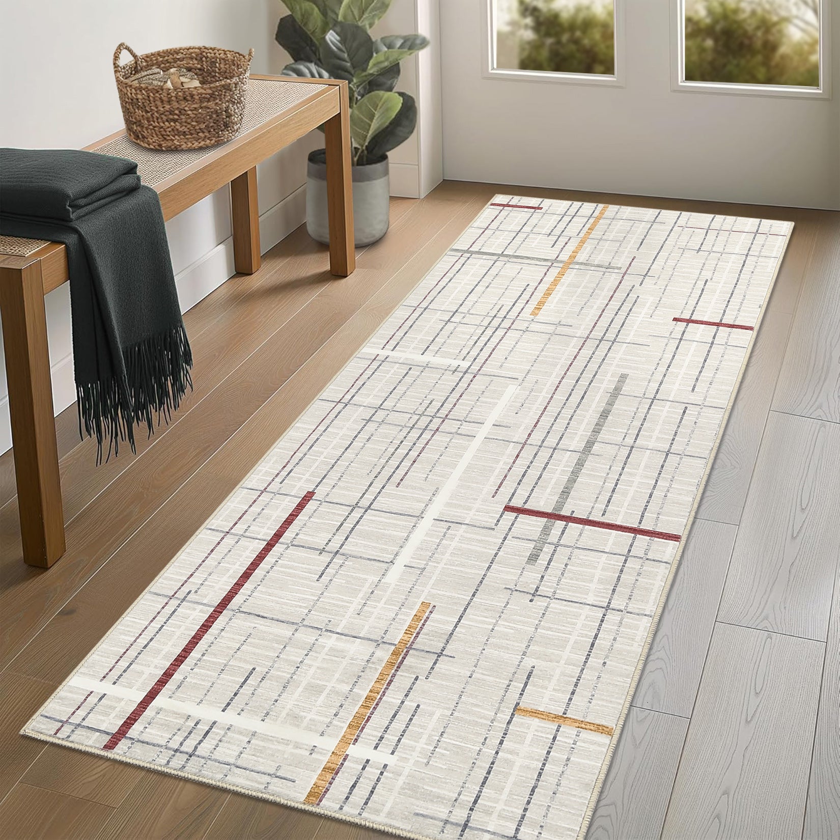 Garvee Modern Abstract Runner Rug 2x6 Washable Non Slip Runner for Hallway Linear Geometric Ultra Thin Foldable Carpet Runner Stain Resistant Soft Stripe Indoor Rug for Kitchen Bedroom, Beige