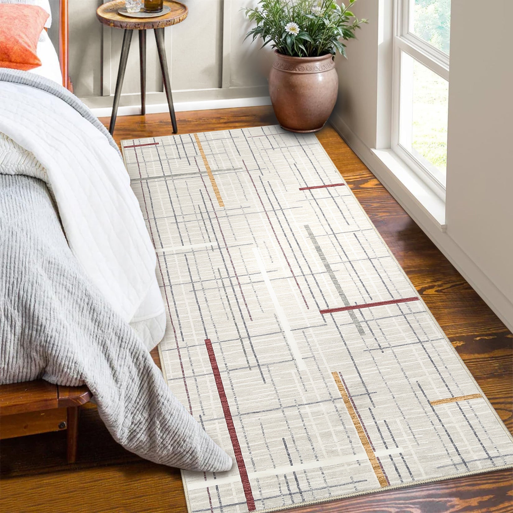 Garvee Modern Abstract Runner Rug 2x6 Washable Non Slip Runner for Hallway Linear Geometric Ultra Thin Foldable Carpet Runner Stain Resistant Soft Stripe Indoor Rug for Kitchen Bedroom, Beige