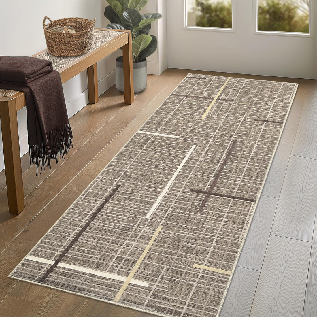 Garvee Modern Abstract Runner Rug 2x6 Washable Non Slip Runner for Hallway Linear Geometric Ultra Thin Foldable Carpet Runner Stain Resistant Soft Stripe Indoor Rug for Kitchen Bedroom, Brown