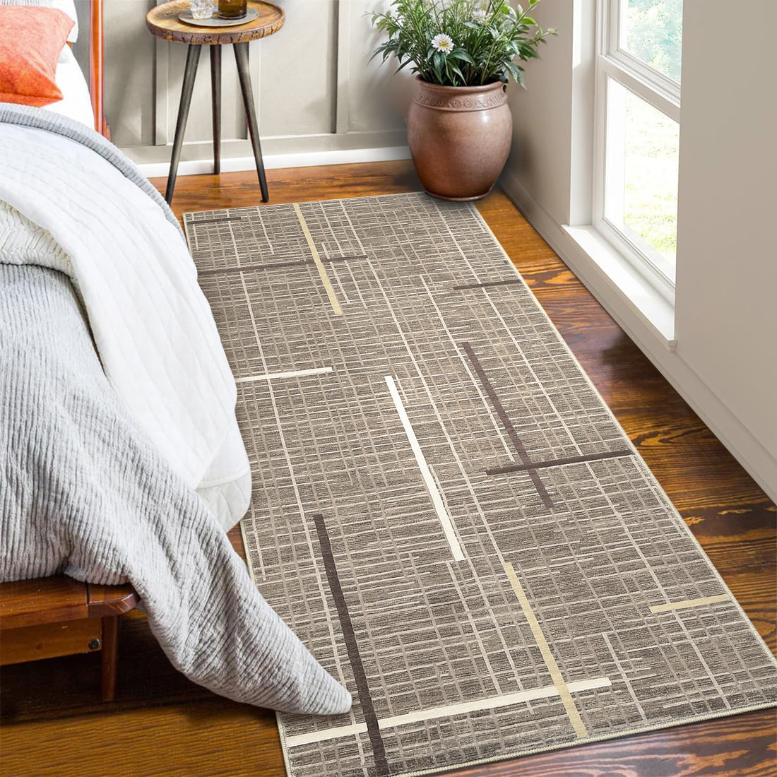 Garvee Modern Abstract Runner Rug 2x6 Washable Non Slip Runner for Hallway Linear Geometric Ultra Thin Foldable Carpet Runner Stain Resistant Soft Stripe Indoor Rug for Kitchen Bedroom, Brown