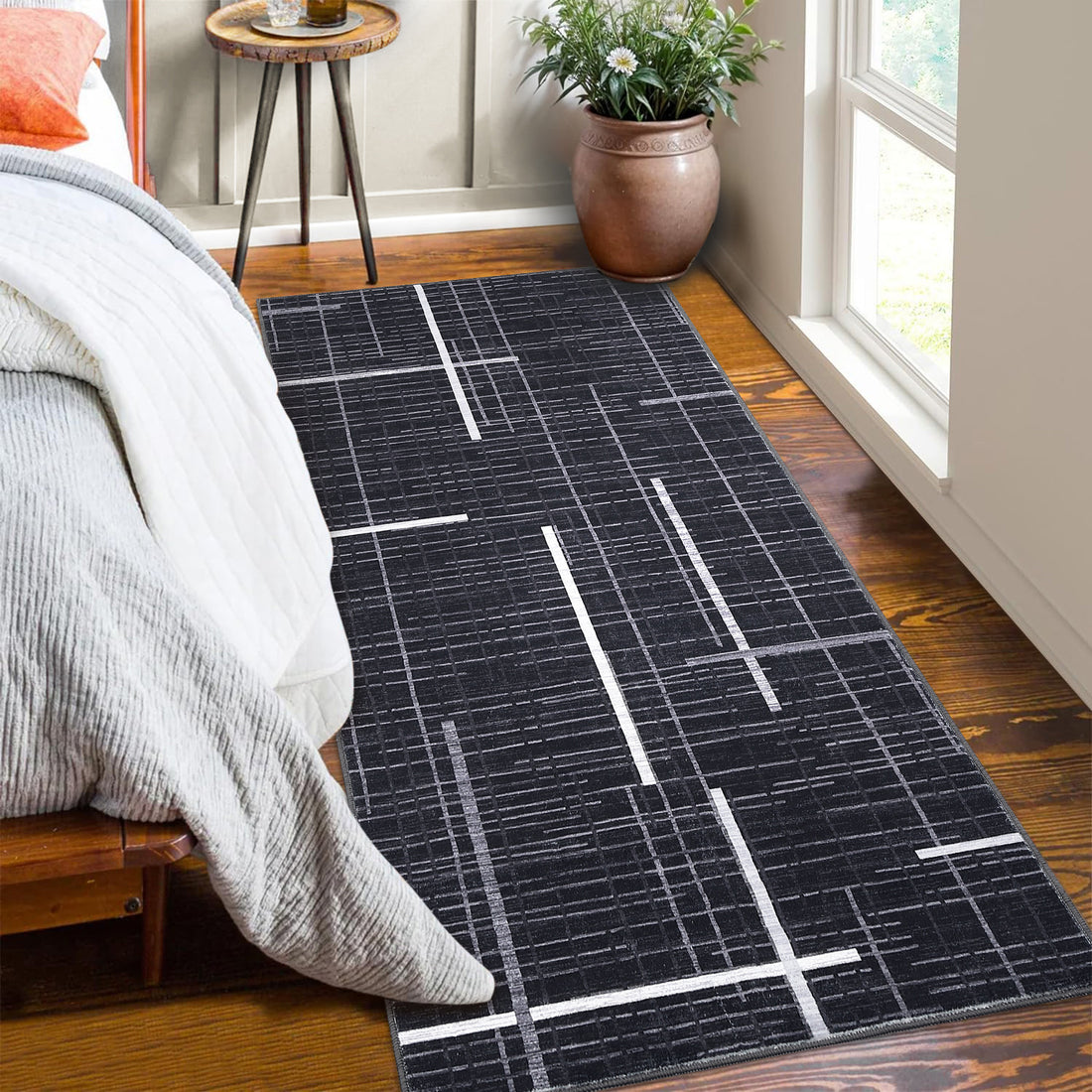 Garvee Modern Abstract Runner Rug 2x6 Washable Non Slip Runner for Hallway Linear Geometric Ultra Thin Foldable Carpet Runner Stain Resistant Soft Stripe Indoor Rug for Kitchen Bedroom, Black