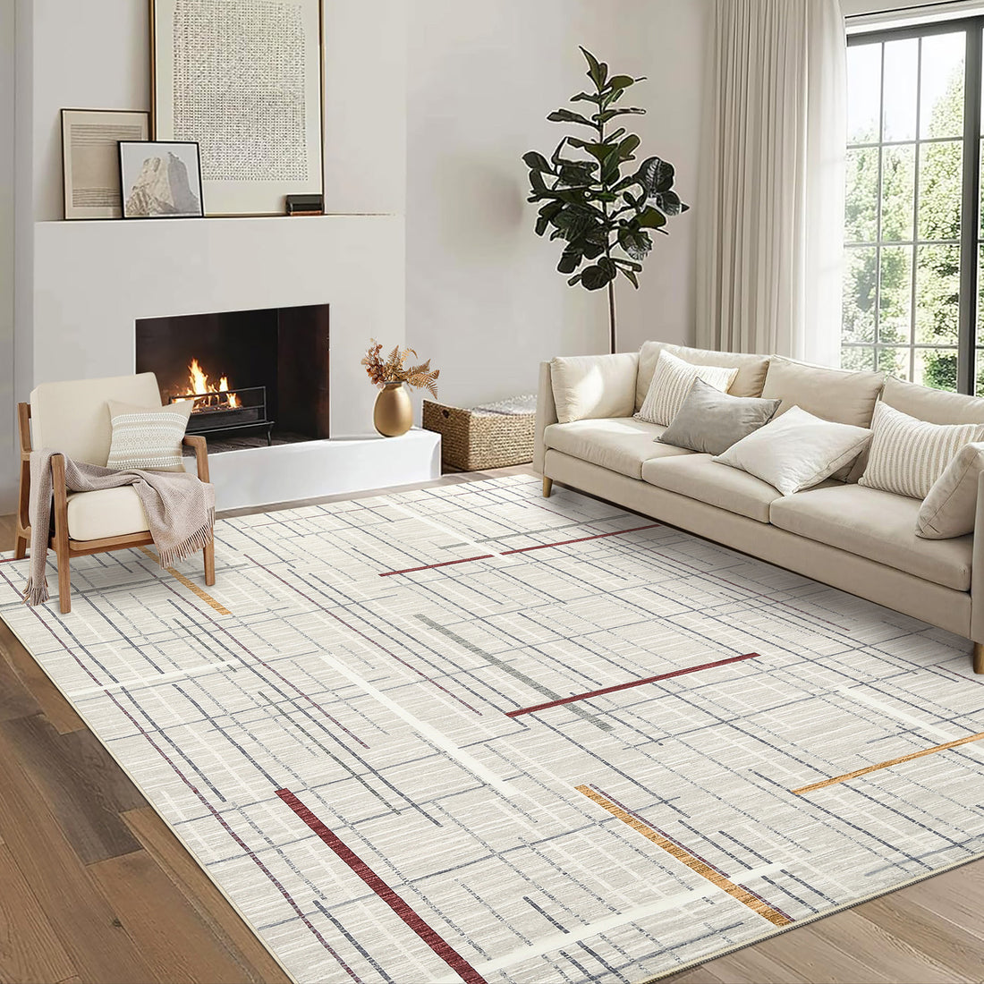 Garvee Washable Modern Rug 9x12 Large Linear Geometric Living Room Rug Non Slip Abstract Foldable Ultra Thin Accent Throw Rug Stain Resistant Soft Carpet for Home Office Decor, Beige