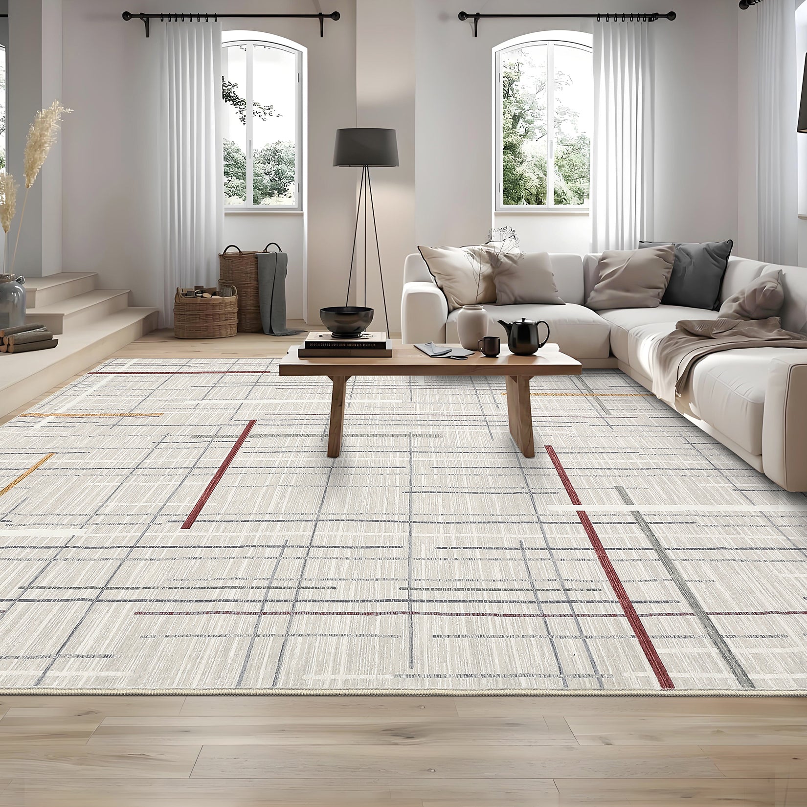 Garvee Washable Area Rug 5x7 Modern Rugs for Living Room Abstract Geometric Non Slip Ultra Thin Throw Rug Foldable Soft Stain Resistant Striped Accent Rug for Bedroom Playroom Nursery, Beige