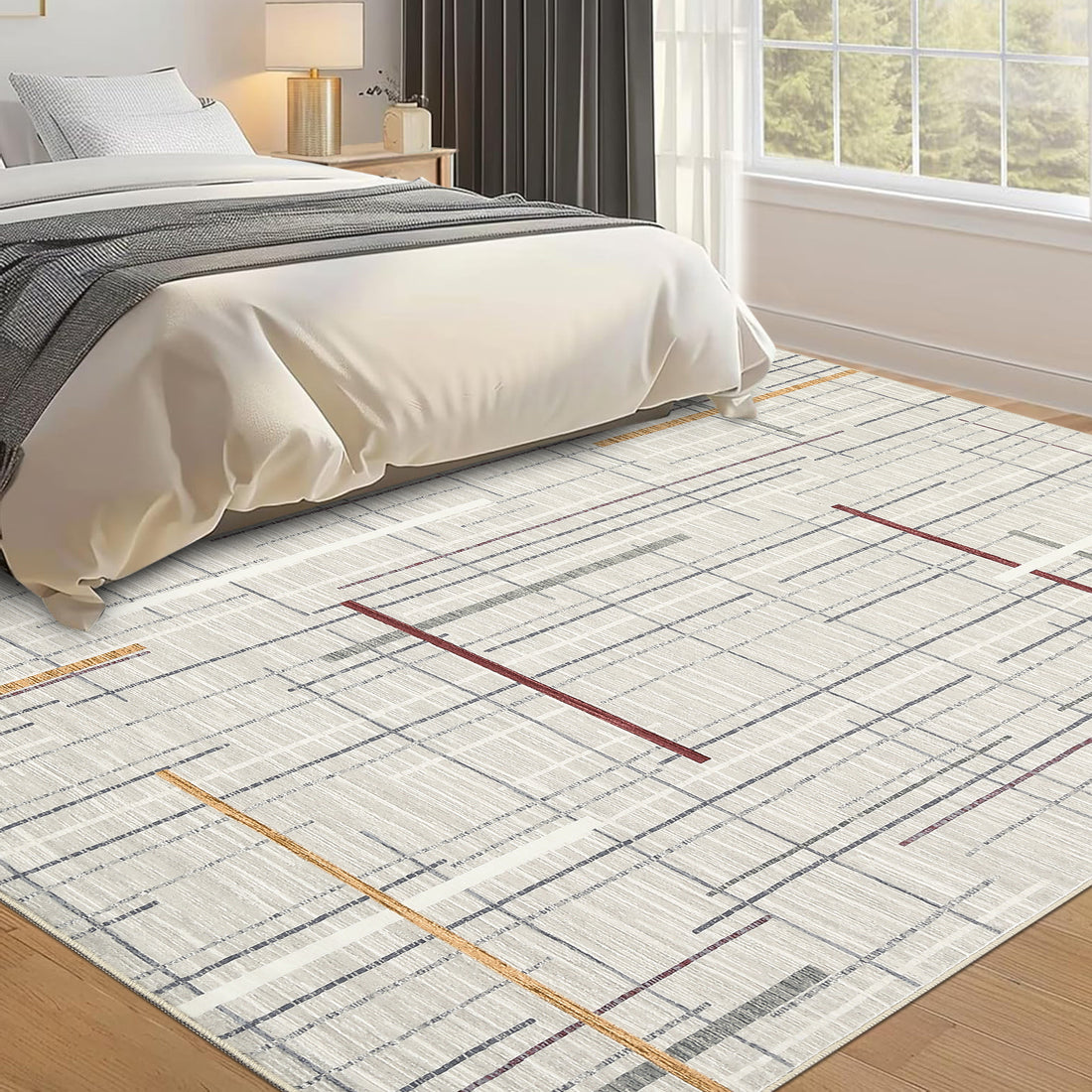 Garvee Washable Area Rug 5x7 Modern Rugs for Living Room Abstract Geometric Non Slip Ultra Thin Throw Rug Foldable Soft Stain Resistant Striped Accent Rug for Bedroom Playroom Nursery, Beige