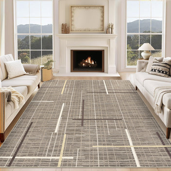 Garvee Washable Modern Rug 9x12 Large Linear Geometric Living Room Rug Non Slip Abstract Foldable Ultra Thin Accent Throw Rug Stain Resistant Soft Carpet for Home Office Decor, Brown