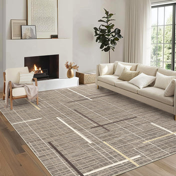 Garvee Washable Modern Rug 9x12 Large Linear Geometric Living Room Rug Non Slip Abstract Foldable Ultra Thin Accent Throw Rug Stain Resistant Soft Carpet for Home Office Decor, Brown