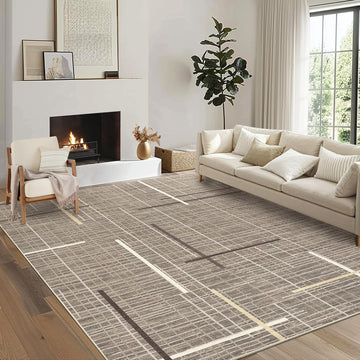 Garvee Washable Area Rug 5x7 Modern Rugs for Living Room Abstract Geometric Non Slip Ultra Thin Throw Rug Foldable Soft Stain Resistant Striped Accent Rug for Bedroom Playroom Nursery, Brown