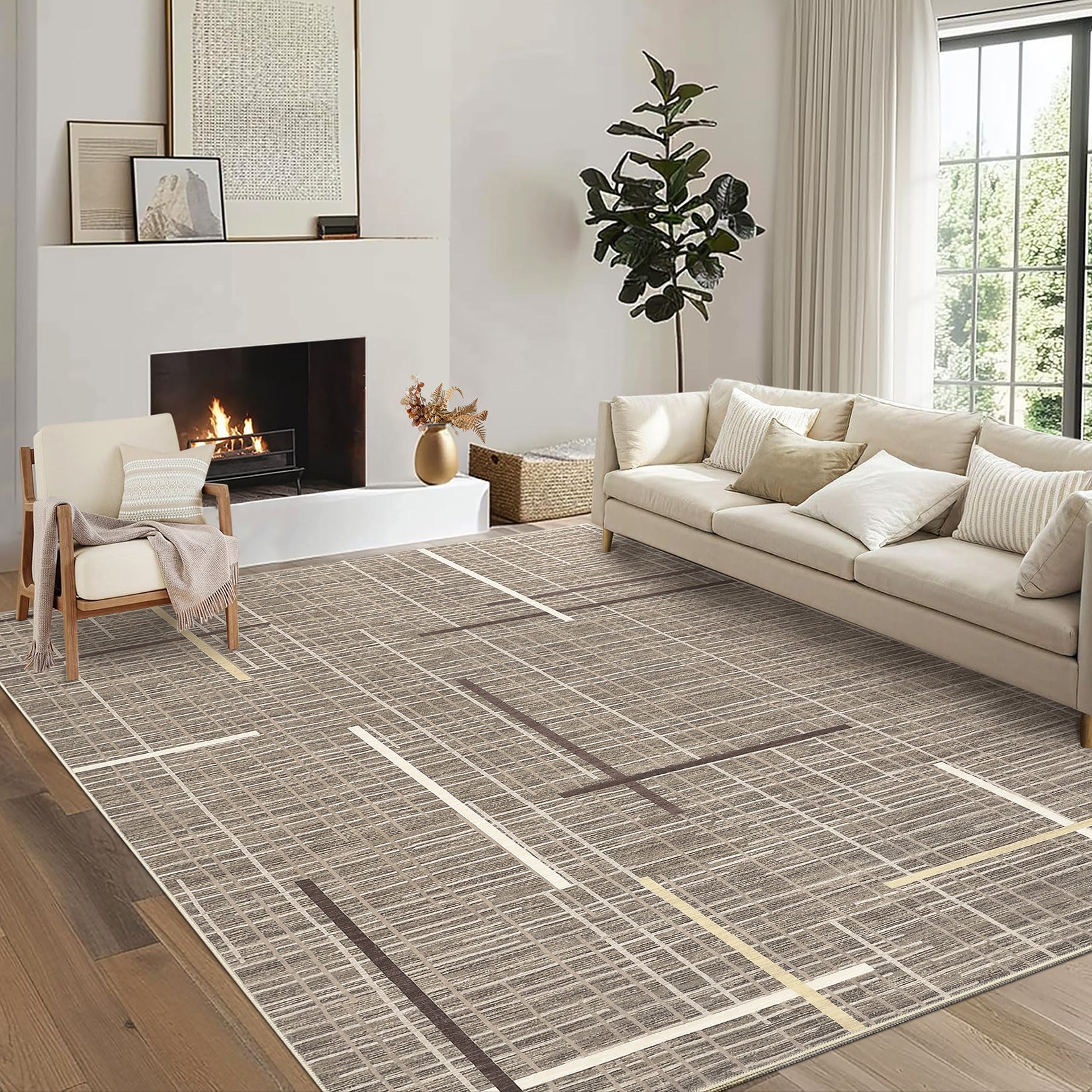 Garvee Contemporary Rug 8x10 Washable Area Rug Modern Abstract Non Slip Soft Throw Rug Linear Geometric Foldable Low Pile Floor Cover for Living Room Bedroom Nursery Office Decor, Brown