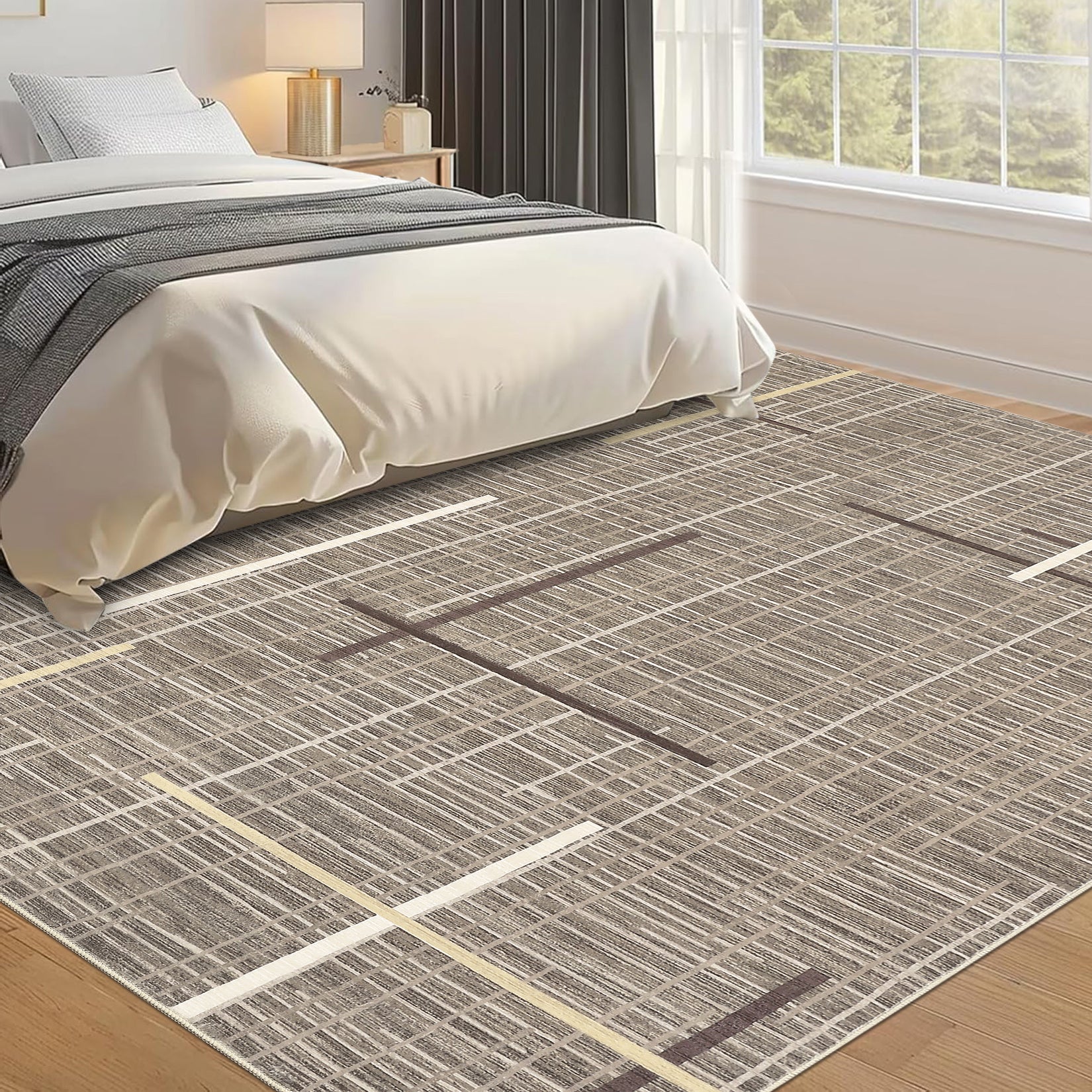 Garvee Contemporary Rug 8x10 Washable Area Rug Modern Abstract Non Slip Soft Throw Rug Linear Geometric Foldable Low Pile Floor Cover for Living Room Bedroom Nursery Office Decor, Brown