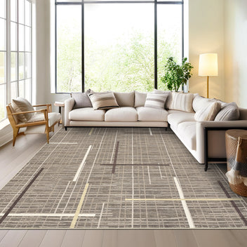 Garvee Washable Area Rug 5x7 Modern Rugs for Living Room Abstract Geometric Non Slip Ultra Thin Throw Rug Foldable Soft Stain Resistant Striped Accent Rug for Bedroom Playroom Nursery, Brown