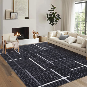 Garvee Large Living Room Rug 10x13 Modern Abstract Washable Rug Geometric Non Slip Stain Resistant Soft Floor Cover Foldable Low Pile Striped Area Rug for Bedroom Dining Room Nursery, Black