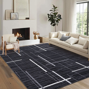 Garvee Washable Area Rug 5x7 Modern Rugs for Living Room Abstract Geometric Non Slip Ultra Thin Throw Rug Foldable Soft Stain Resistant Striped Accent Rug for Bedroom Playroom Nursery, Black
