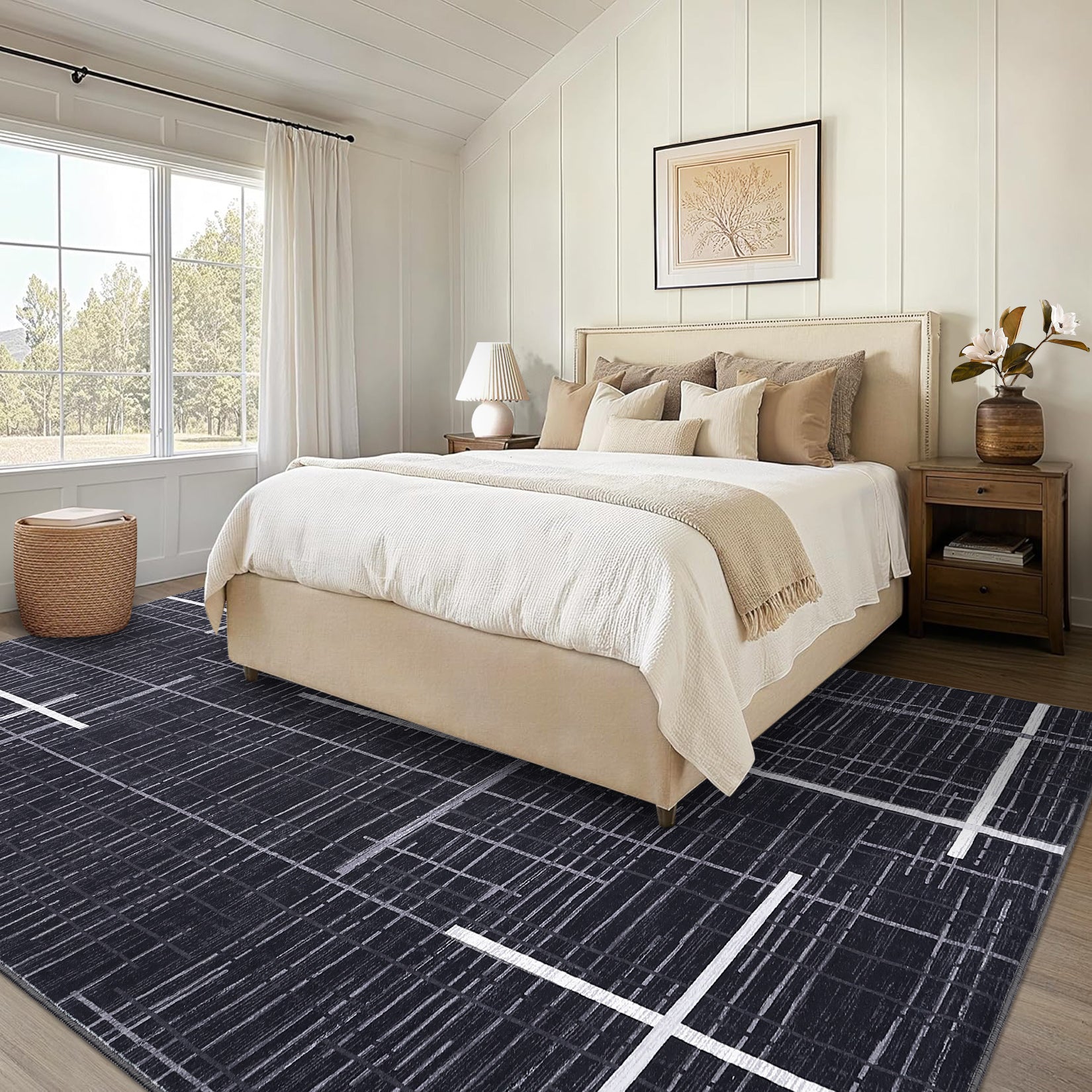 Garvee Washable Area Rug 5x7 Modern Rugs for Living Room Abstract Geometric Non Slip Ultra Thin Throw Rug Foldable Soft Stain Resistant Striped Accent Rug for Bedroom Playroom Nursery, Black