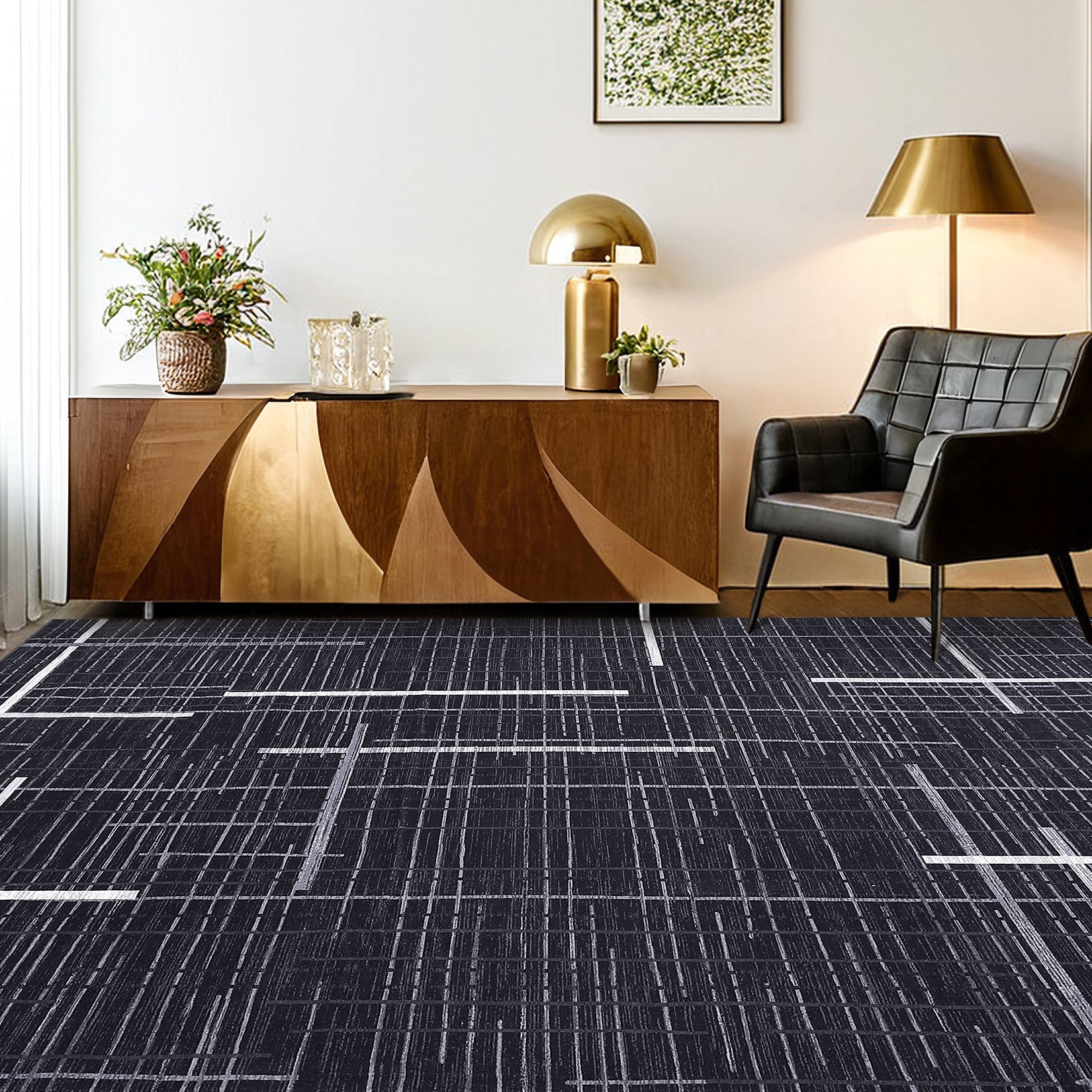 Garvee Large Living Room Rug 10x13 Modern Abstract Washable Rug Geometric Non Slip Stain Resistant Soft Floor Cover Foldable Low Pile Striped Area Rug for Bedroom Dining Room Nursery, Black