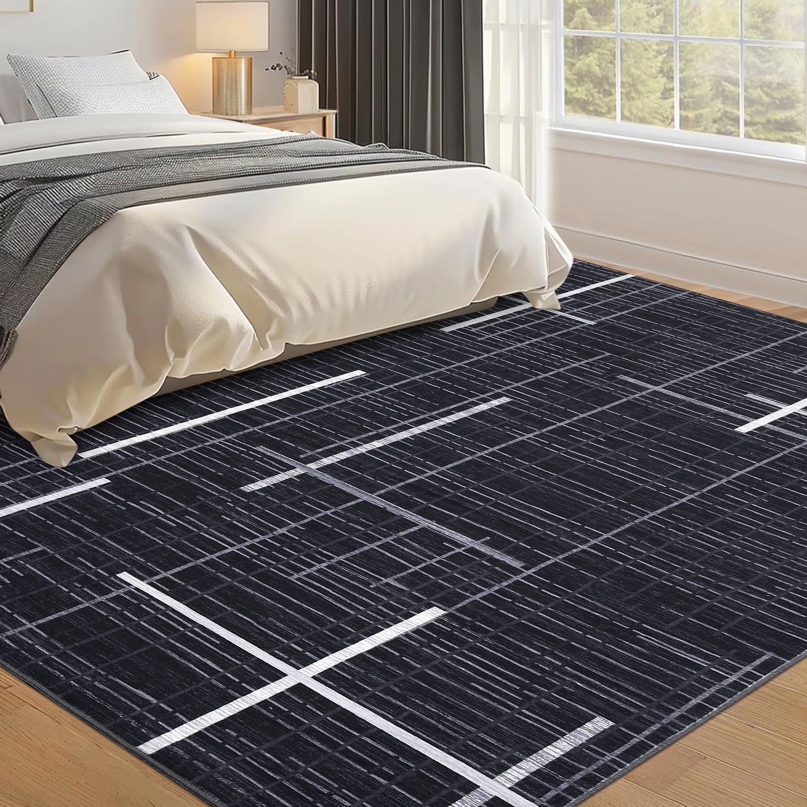 Garvee Washable Area Rug 5x7 Modern Rugs for Living Room Abstract Geometric Non Slip Ultra Thin Throw Rug Foldable Soft Stain Resistant Striped Accent Rug for Bedroom Playroom Nursery, Black