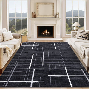 Garvee Contemporary Rug 8x10 Washable Area Rug Modern Abstract Non Slip Soft Throw Rug Linear Geometric Foldable Low Pile Floor Cover for Living Room Bedroom Nursery Office Decor, Black
