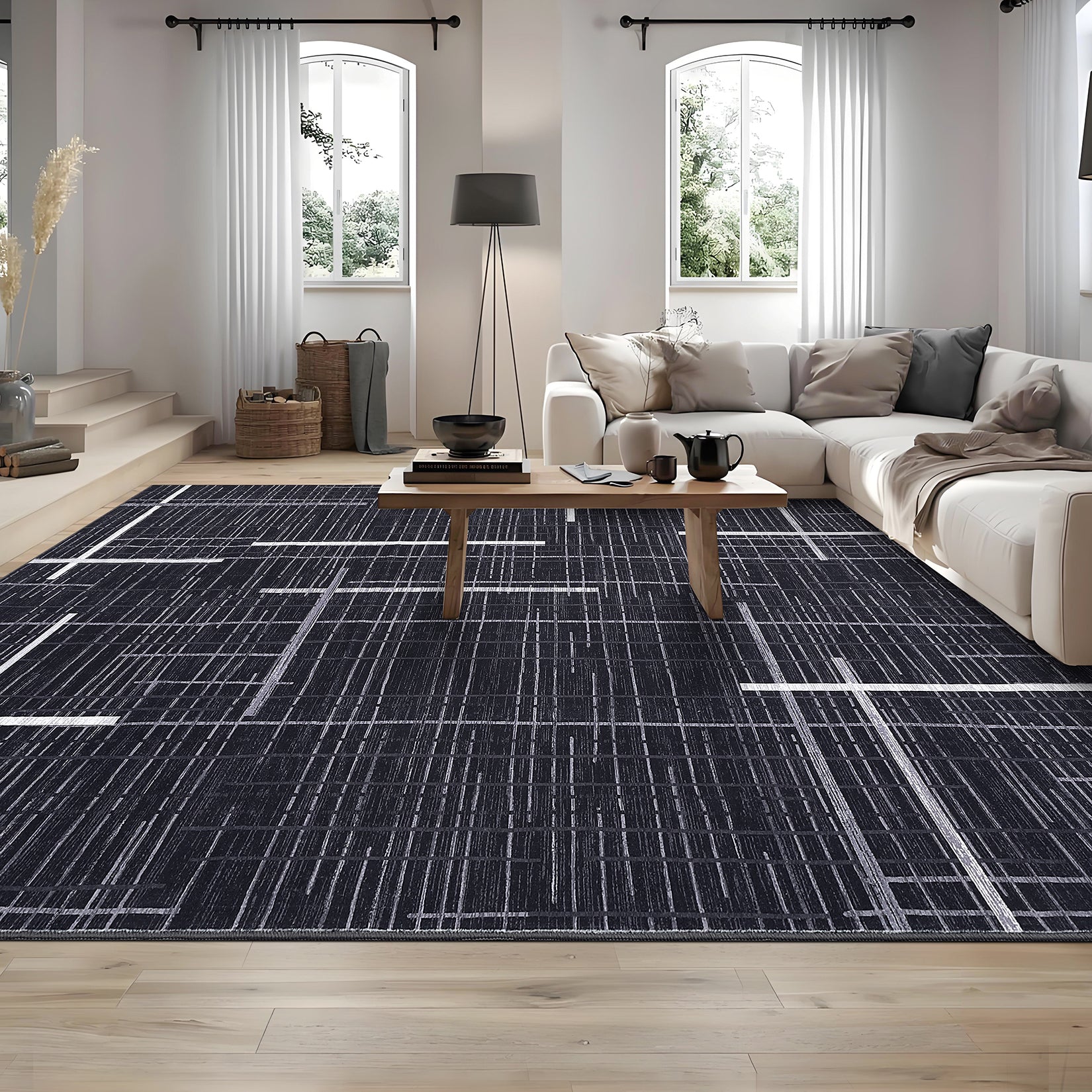 Garvee Contemporary Rug 8x10 Washable Area Rug Modern Abstract Non Slip Soft Throw Rug Linear Geometric Foldable Low Pile Floor Cover for Living Room Bedroom Nursery Office Decor, Black