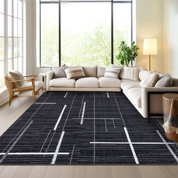 Garvee Washable Modern Rug 9x12 Large Linear Geometric Living Room Rug Non Slip Abstract Foldable Ultra Thin Accent Throw Rug Stain Resistant Soft Carpet for Home Office Decor, Black
