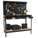 Garvee 48" x 22'' Workbench, Heavy Duty Steel Tool Storage Work Table with 2 Drawers and Shelf, Multifunctional Garage Work Bench with Pegboard for Home, Workshop, Basement
