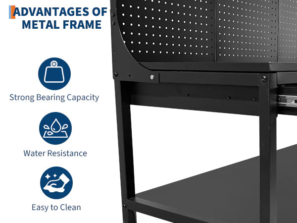 Garvee 48 Inch Workbench, Heavy Duty Steel Tool Workbench with 2 Drawers and 2 Storage Shelves, Multifunctional Work Table with Pegboard and Wheels for Garage, Workshop, Basement