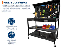 Garvee 48 Inch Workbench, Heavy Duty Steel Tool Workbench with 2 Drawers and 2 Storage Shelves, Multifunctional Work Table with Pegboard and Wheels for Garage, Workshop, Basement
