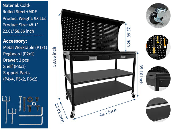 Garvee 48 Inch Workbench, Heavy Duty Steel Tool Workbench with 2 Drawers and 2 Storage Shelves, Multifunctional Work Table with Pegboard and Wheels for Garage, Workshop, Basement