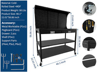Garvee 48 Inch Workbench, Heavy Duty Steel Tool Workbench with 2 Drawers and 2 Storage Shelves, Multifunctional Work Table with Pegboard and Wheels for Garage, Workshop, Basement