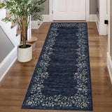 Garvee 2x6 Blue Kitchen Rugs Washable Non-Slip Runner Rug for Hallway Vintage Distressed Printed Bedside Rugs Floral Bordered Entryway Runners for Bedroom Laundry Room - Blue