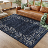 Garvee 9x12 Large Area Rugs for Bedroom Vintage Washable Rugs Non Slip Rug for Living Room Floral Border Rug Low Pile Soft Rug Office Carpet for Dining Room Home Decor, Blue - Blue