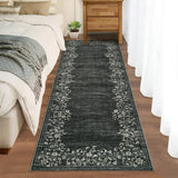 Garvee 2x6 Black Kitchen Rugs Washable Non-Slip Runner Rug for Hallway Vintage Distressed Printed Bedside Rugs Floral Bordered Entryway Runners for Bedroom Laundry Room - Black