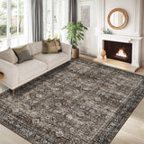 Garvee Large Washable Area Rug 9 x 12 Vintage Floral Print Living Room Rug with Non-Slip Backing, Distressed Low Pile Indoor Mat, Foldable Traditional Floor Cover for Dining Room, Brown - Brown