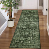 Garvee Washable Runner Rug 2 x 6 Vintage Floral Print Hallway Rug with Non-Slip Backing, Distressed Low Pile Carpet Runner, Foldable Traditional Area Rug for Entryway, Kitchen, Green - Green