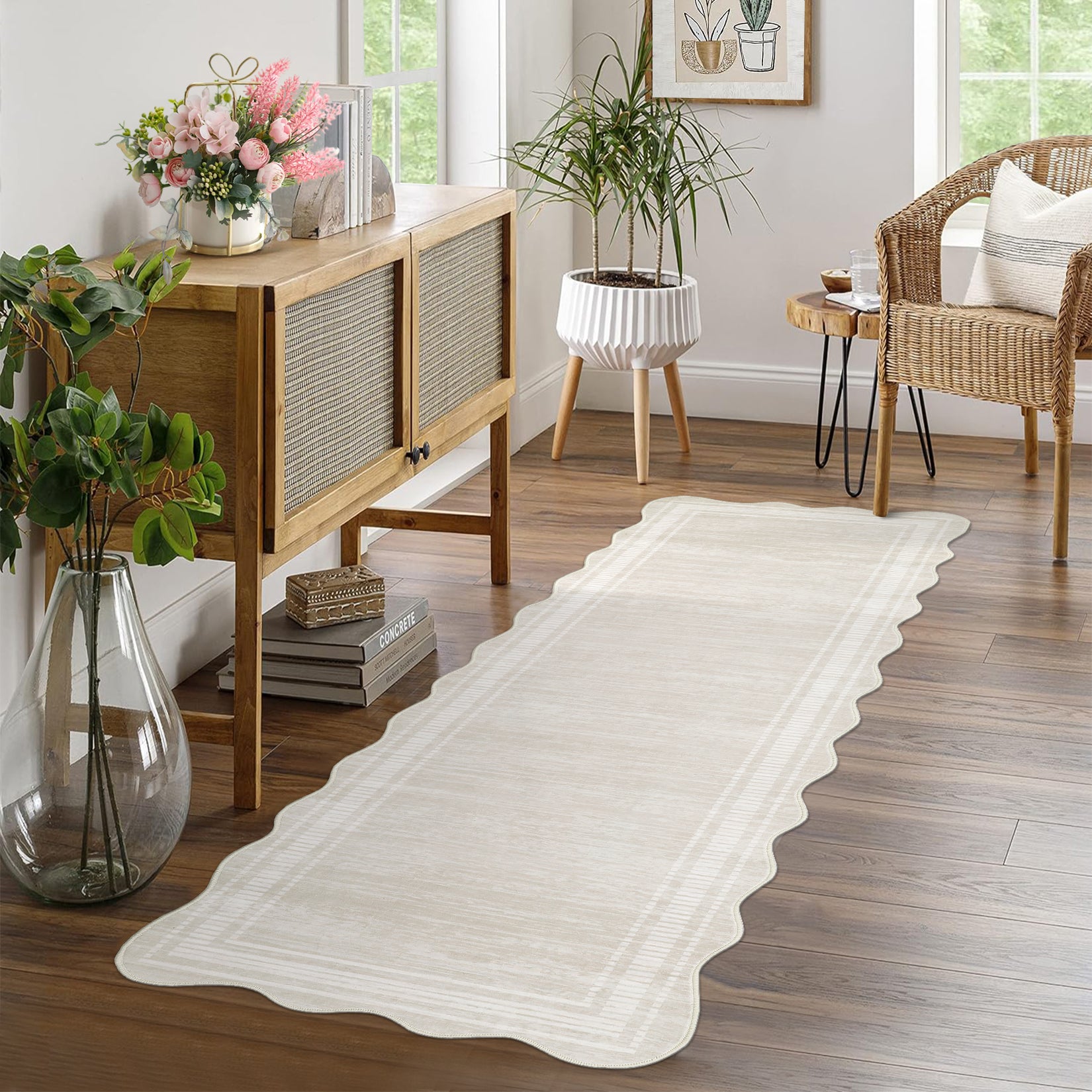 Garvee Modern Cream White 2x6 Washable Runner Rug Non Skid Stain-Resistant Scalloped Entryway Carpet for Kitchen Hallway Bathroom