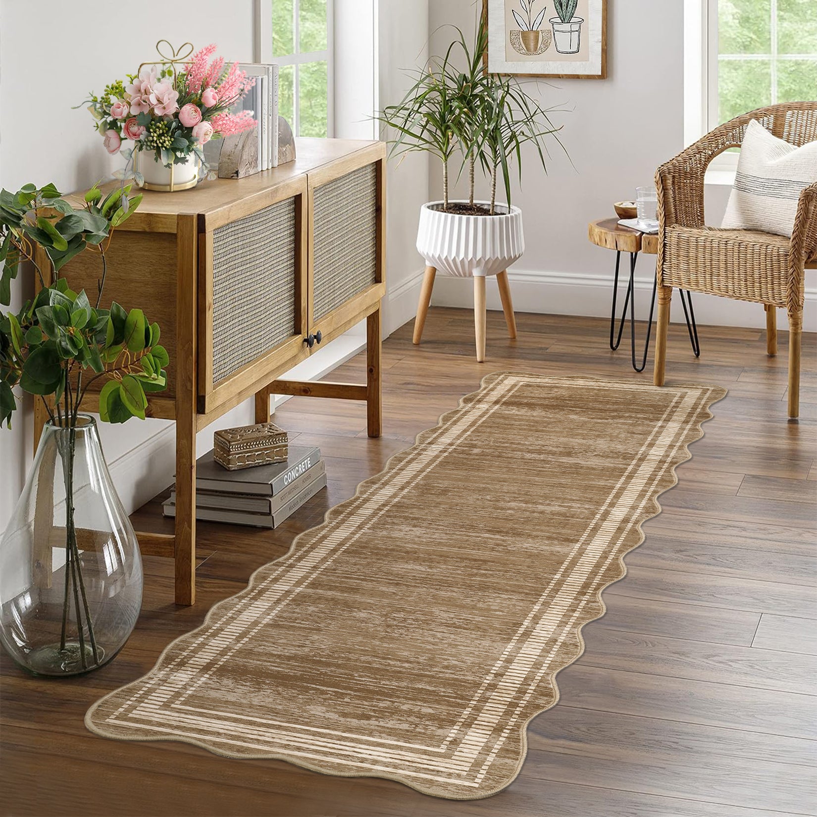 Garvee Modern Camel 2x6 Washable Runner Rug with Scalloped Edges, Non-Slip Backing, Low-Pile Soft Carpet, Durable Machine-Woven Fibers, Camel for Hallway and Entryway