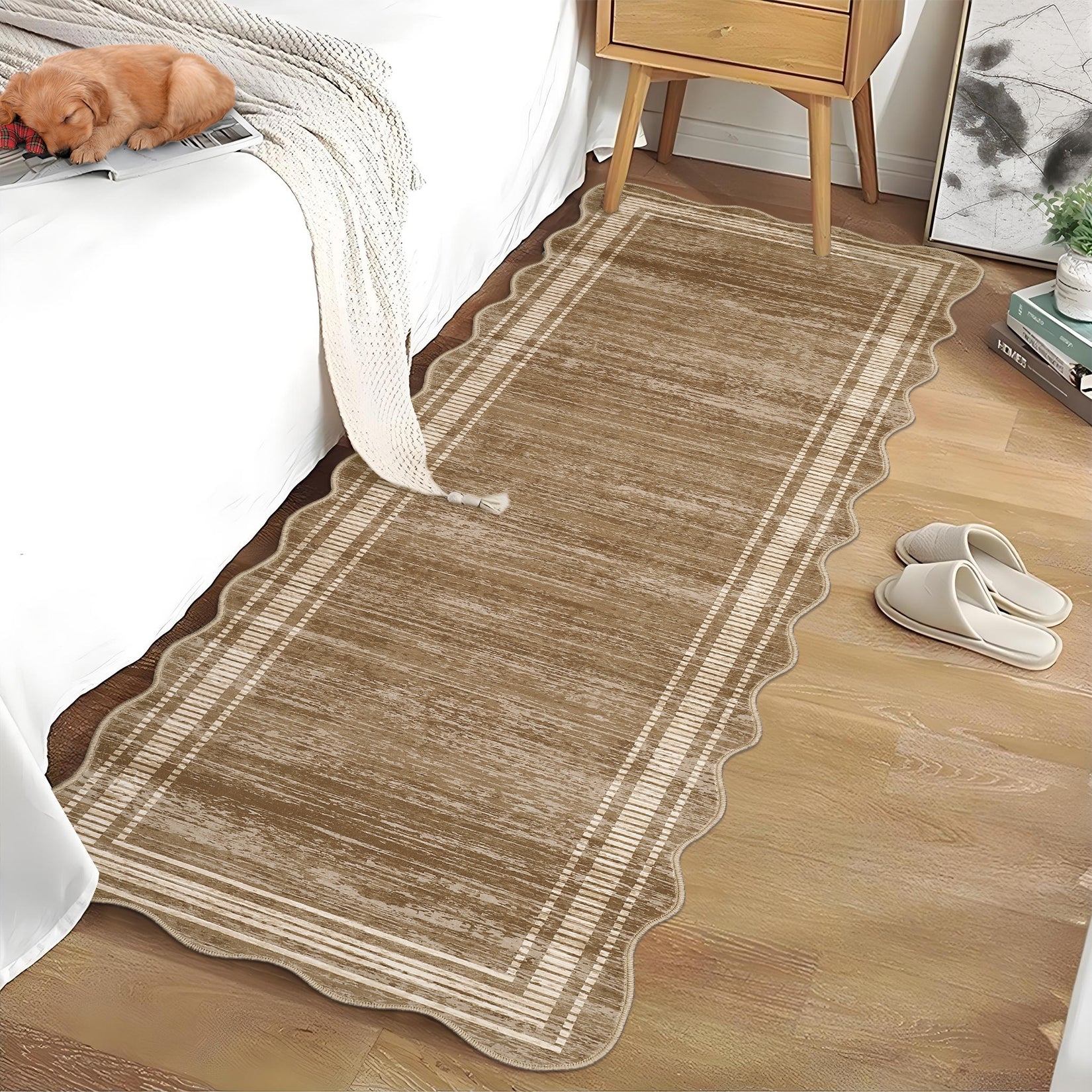 Garvee Modern Camel 2x6 Washable Runner Rug with Scalloped Edges, Non-Slip Backing, Low-Pile Soft Carpet, Durable Machine-Woven Fibers, Camel for Hallway and Entryway