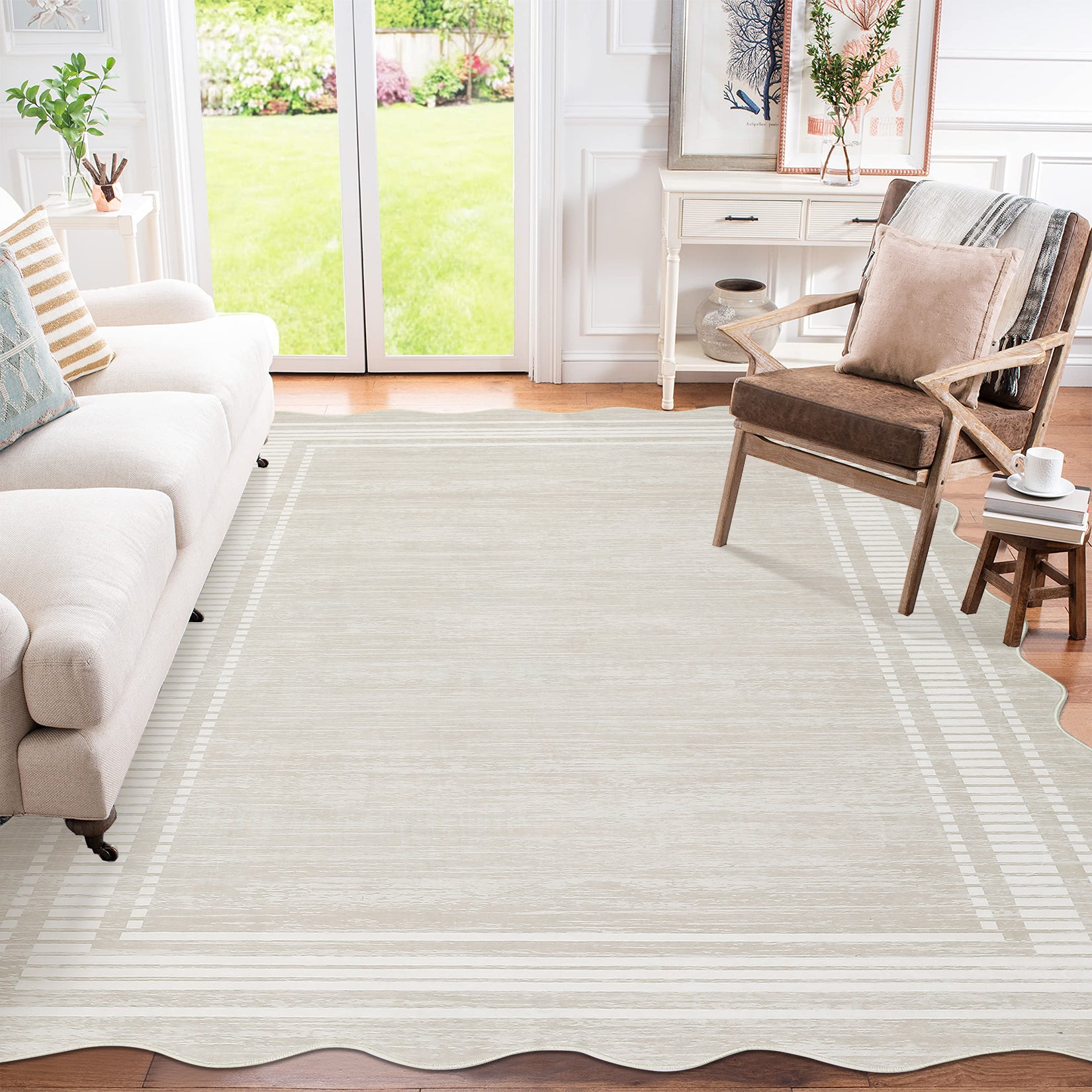 Garvee 4x6 Washable Scalloped Area Rug, Non-Slip Cream White Low-Pile Rug for Living Room, Bedroom, Kitchen, Bathroom & Entryway