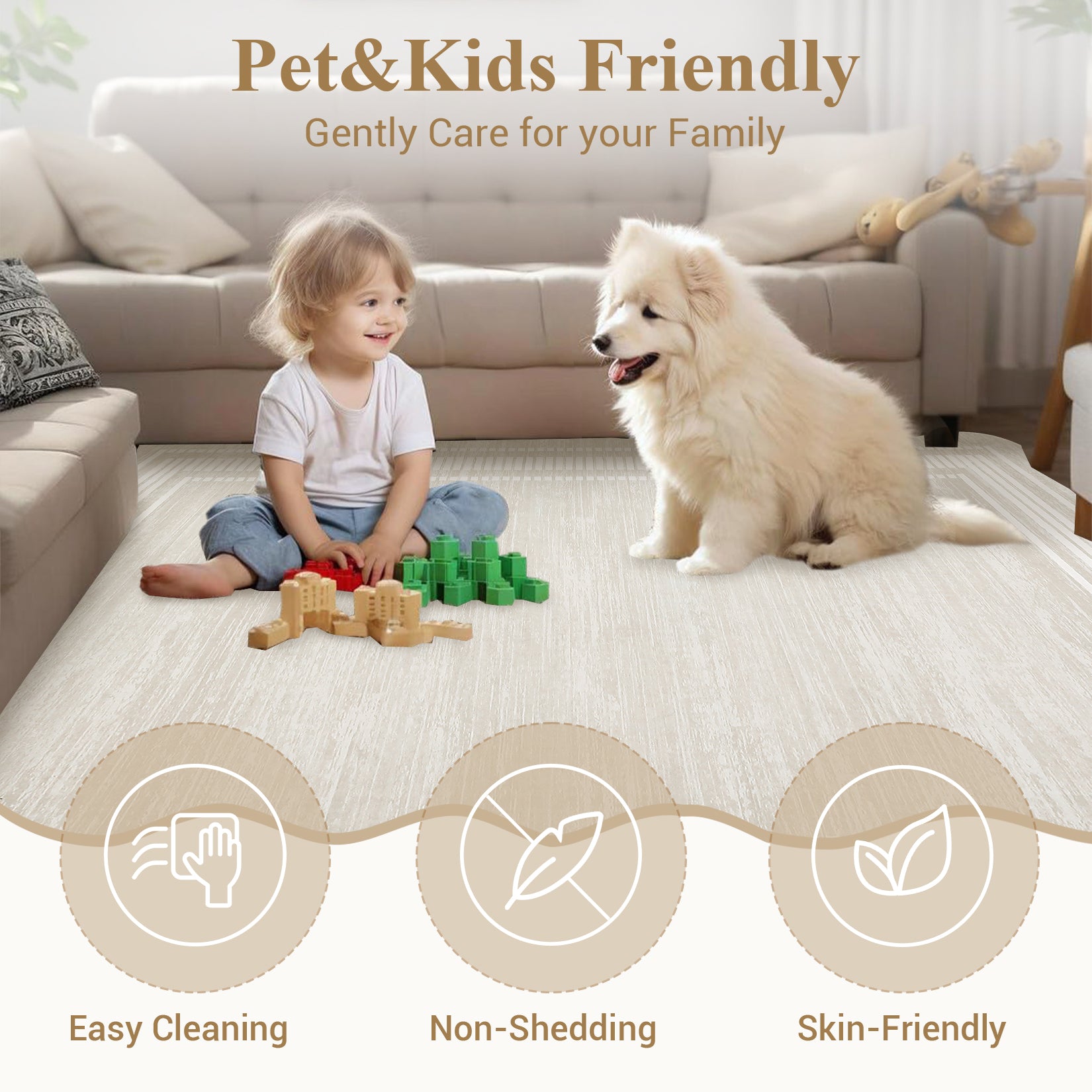 Garvee Modern Cream White 5x7 Washable Rug Low Pile Non-Slip Polyester Soft Durable Foldable for Living Room Bedroom Dining