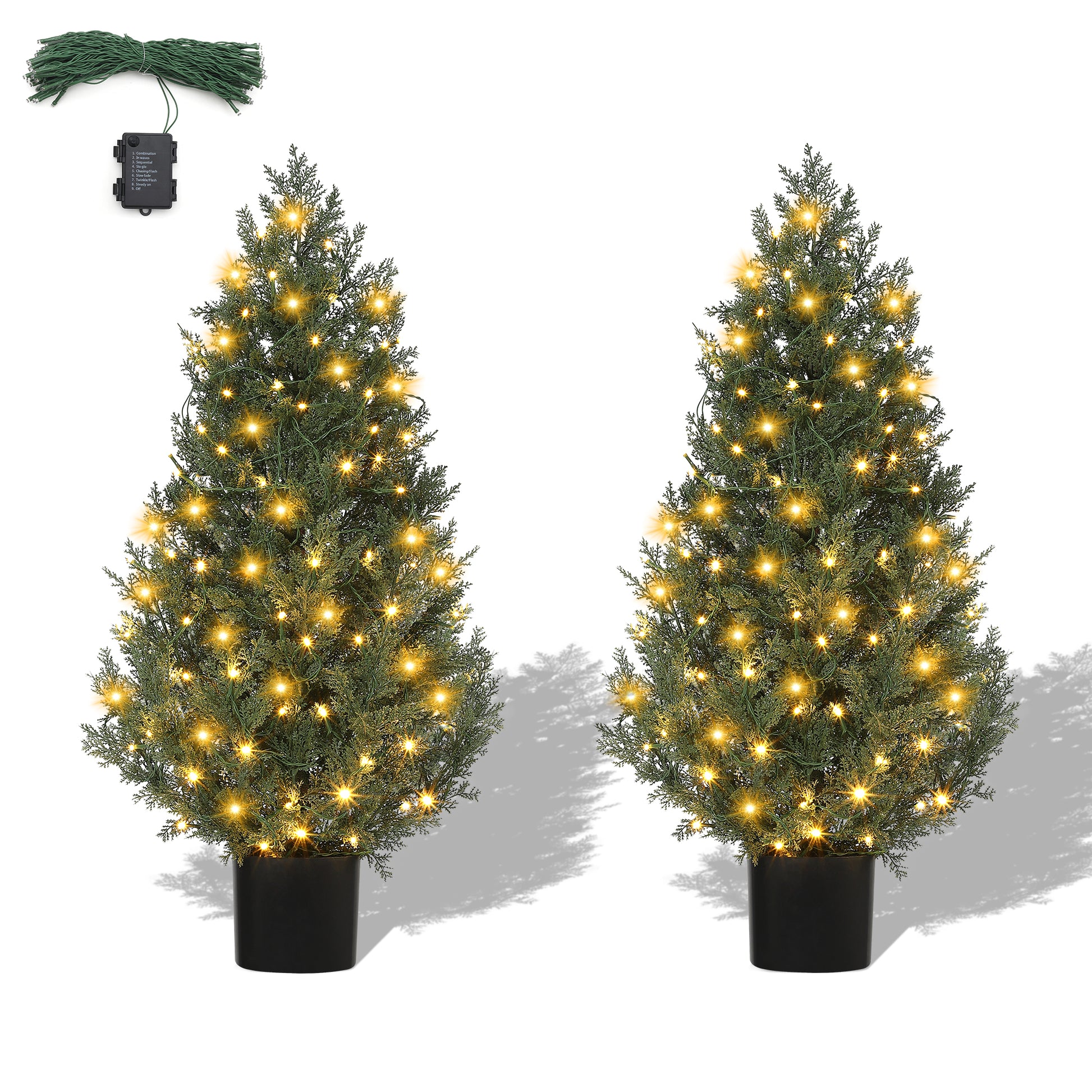 Garvee 3ft Artificial Cedar Topiary Tree Set of 2, Small Lighted Faux Evergreen Cypress Trees with 78 Led Lights, Outdoor Fake Potted Pruned Plants for Front Porch, Garden