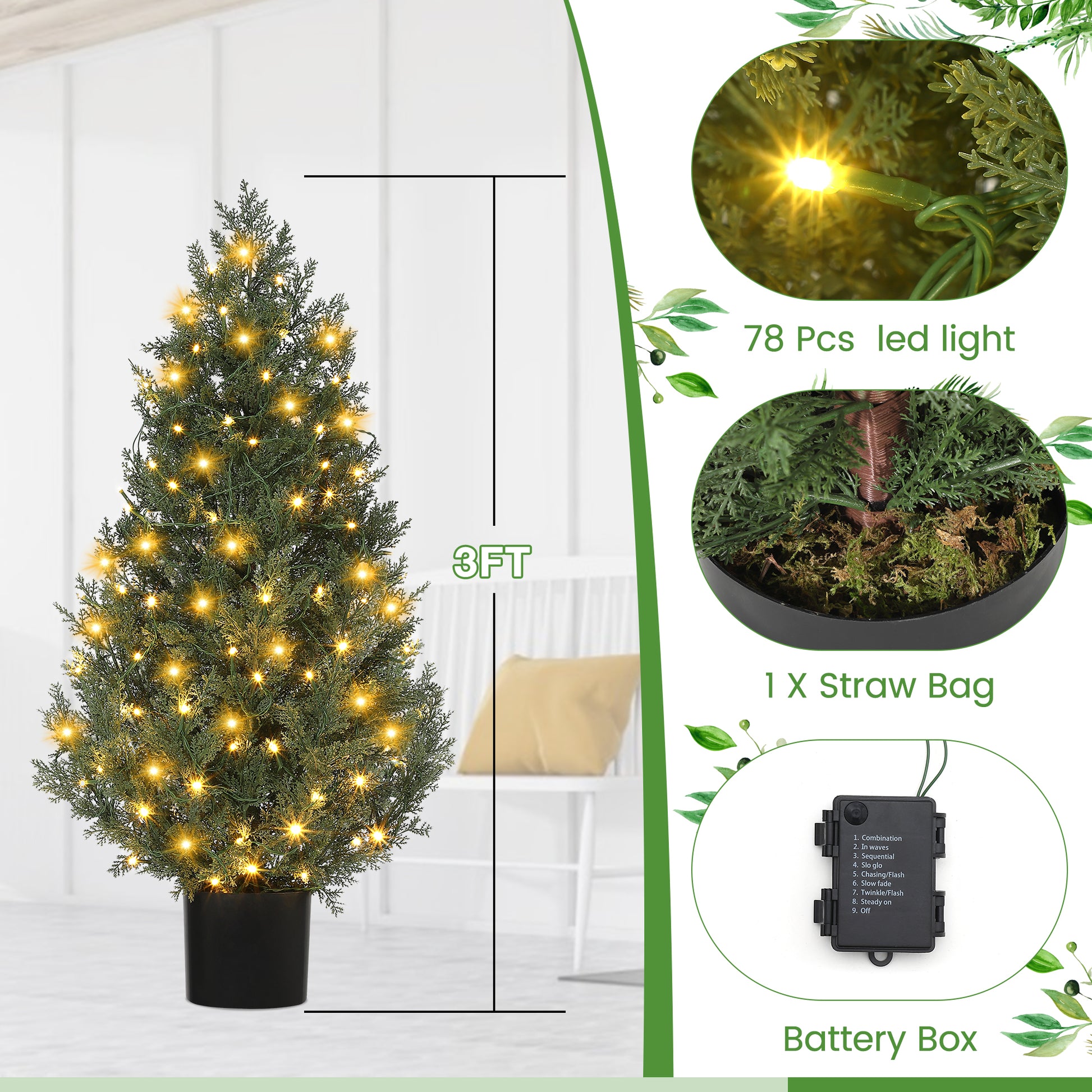 Garvee 3ft Artificial Cedar Topiary Tree Set of 2, Small Lighted Faux Evergreen Cypress Trees with 78 Led Lights, Outdoor Fake Potted Pruned Plants for Front Porch, Garden