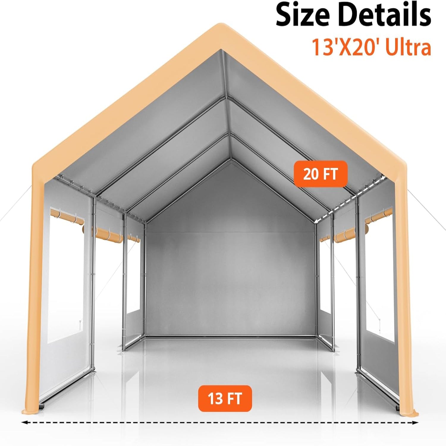 Garvee Heavy Duty Carport 13x20 FT Portable Garage with 4 Doors & 4 Windows, Reinforced Galvanized Steel Frame, Waterproof PE Tarp, Roll-Up Mesh Windows, Yellow, Outdoor Shelter for Cars & Gatherings