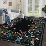 Garvee Boho Washable Rugs for Entryway Floral Rugs for Bedroom, Bathroom Rug Non Slip Washable, Soft Indoor Carpet Throw Carpet for Kitchen Laundry Living Room Foyer - Black