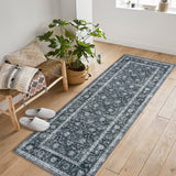 Garvee Dark Grey 2x6 Washable Area Rug for Entryway Moss Soft Non-Slip Indoor Door Mat Distressed Floral Low-Pile Kitchen Rugs - Dark Gray