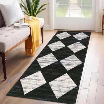 Garvee Plaid Black 2x6 Washable Runner Rug Modern Geometric Carpet Runner with Non-Slip Backing, Contemporary Accent Carpet, Foldable Low Pile Indoor Mat for Bedroom, Kitchen, Laundry
