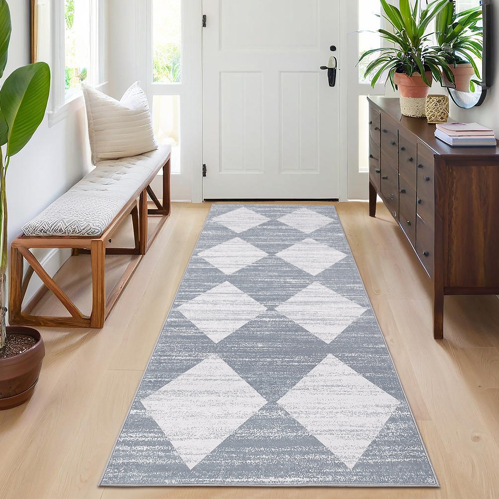 Garvee Plaid Grey 2x6 Washable Runner Rug Modern Geometric Carpet Runner with Non-Slip Backing, Contemporary Accent Carpet, Foldable Low Pile Indoor Mat for Bedroom, Kitchen, Laundry