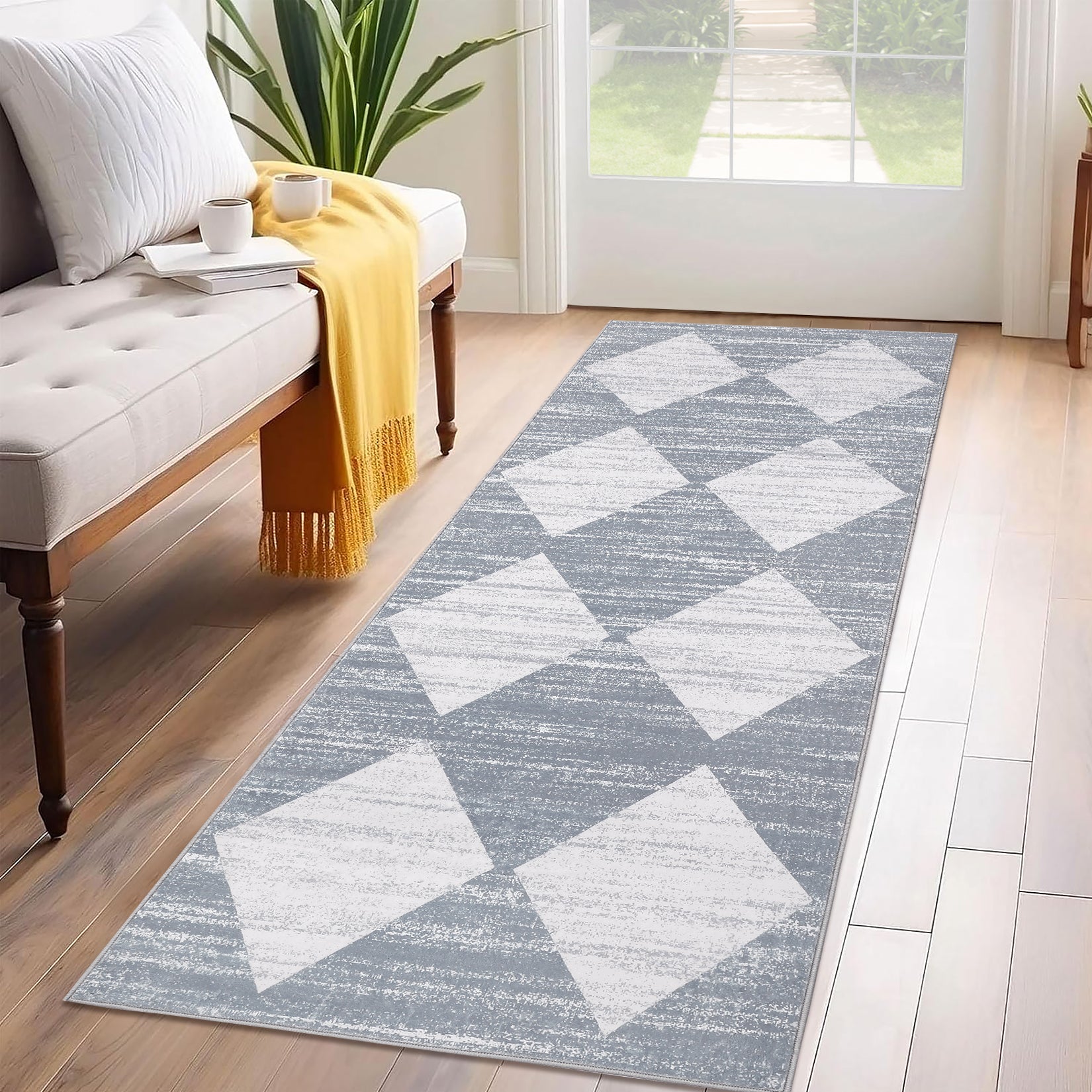 Garvee Plaid Grey 2x6 Washable Runner Rug Modern Geometric Carpet Runner with Non-Slip Backing, Contemporary Accent Carpet, Foldable Low Pile Indoor Mat for Bedroom, Kitchen, Laundry
